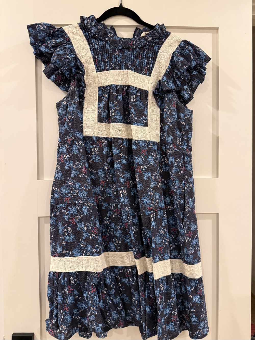 EUC Sea New York Navy Blue Floral Ruffle Dress with Cream Lace Trim